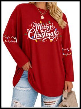 Plus Size Christmas Long Sleeve T-Shirt Tree Graphic Tee Holiday Top